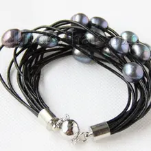 " 13 мм 15 ряд черный жемчуг черный кожаный браслет j9682@^ благородный стиль натуральный