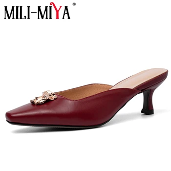 

MILI-MIYA Fashion Women Pumps Cow Leather Thin Heels Square Toe Slip-On Dress Party Mules Metal Decoration Size 34-40 Handmade