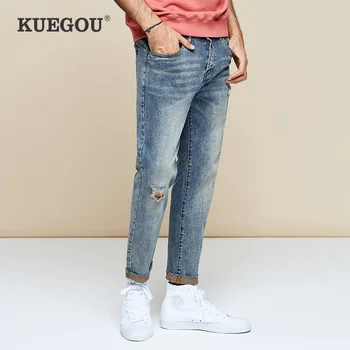 

【Kuegou】Man ripped jeans Men's vintage wash nine minutes of pants of the cultivate one's morality old pencil pants KK-2970