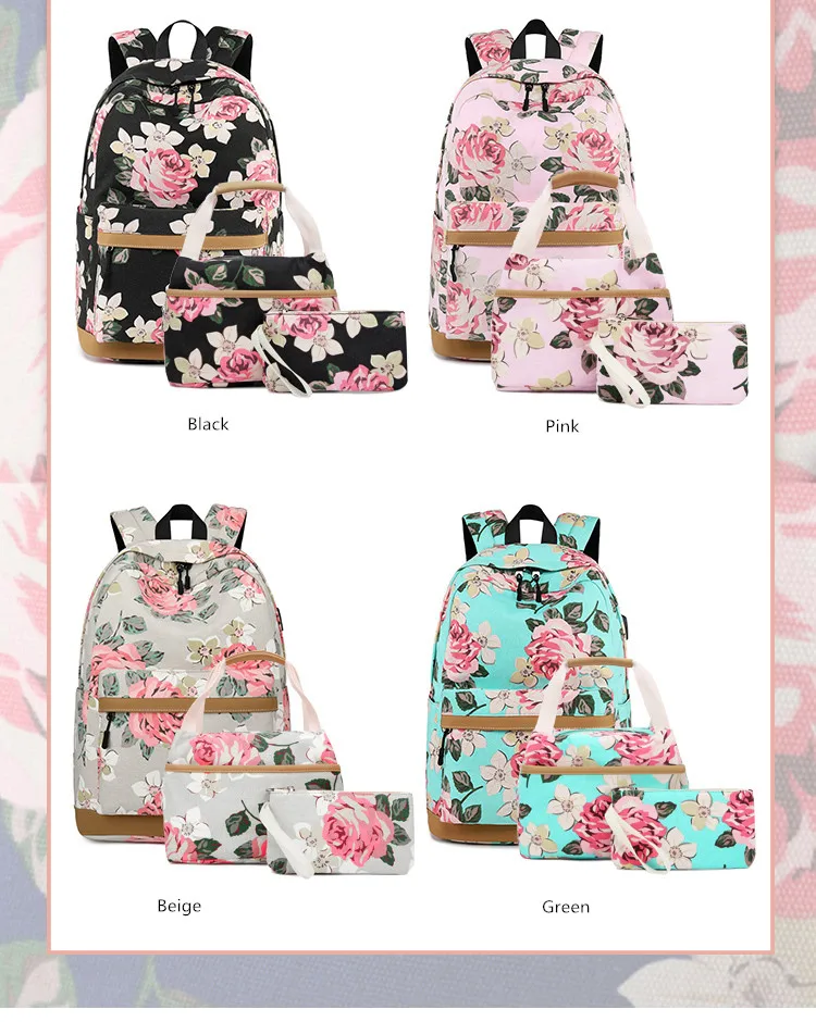 OKKID 3 шт./компл. розовый цветок холст рюкзак милые школьные сумки для девочек начальной школы, школьный рюкзак для детей, карандашом комплект с сумкой подарки для девочек