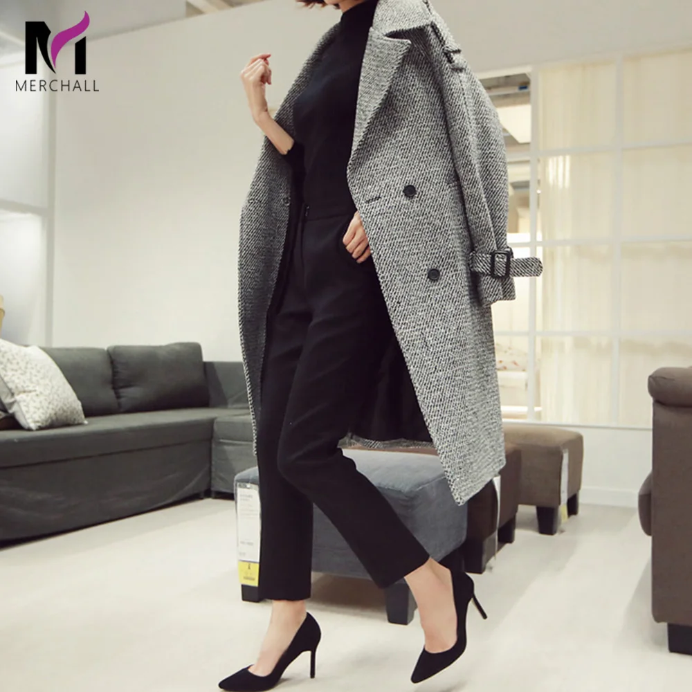 

Korean Houndstooth Long Wool Coat Elegant Women Double-breasted Lapel Collar Sashes Pocket Plaid Loose Thick Woolen Outerwear