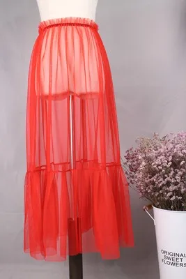 Лоскутная Прозрачная газовая полускользящая Однослойная юбка средней длины - Цвет: red 60cm