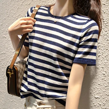 

LHZSYY Spring/Summer 2020New Pure Wool Female Round Neck T-shirt Short-sleeved Striped Pullover Fashion Thin Knitted Base Shirt