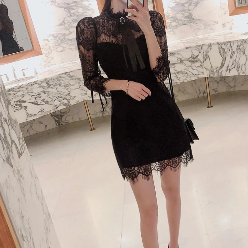 HAYBLST Брендовое платье для женщин осень большой размер XL Kawaii черный белый элегантный корейский стиль одежда модные кружевные лоскутные платья