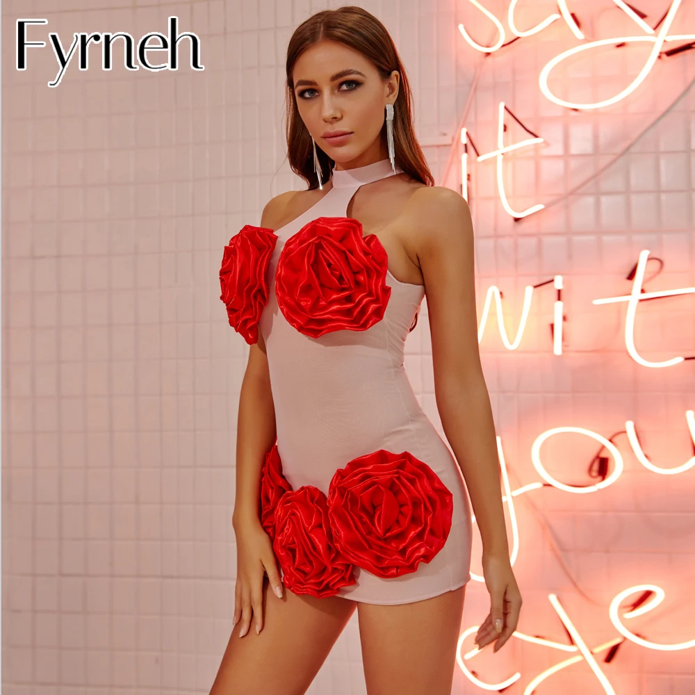

Fyrneh Womens Mini Dress With Big Red Flower Elegant Party Sexy Night Club Halter Neck Sleeveless Sheath Bodycon Dress Sundress