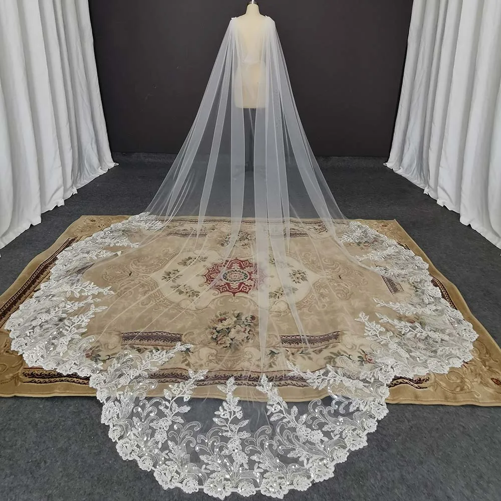 Customized Bling Sequins Lace Long Wedding Cape Scallop Real Photos 3.5 Meters Shoulder Veil New Bridal Bolero Bride Accessories