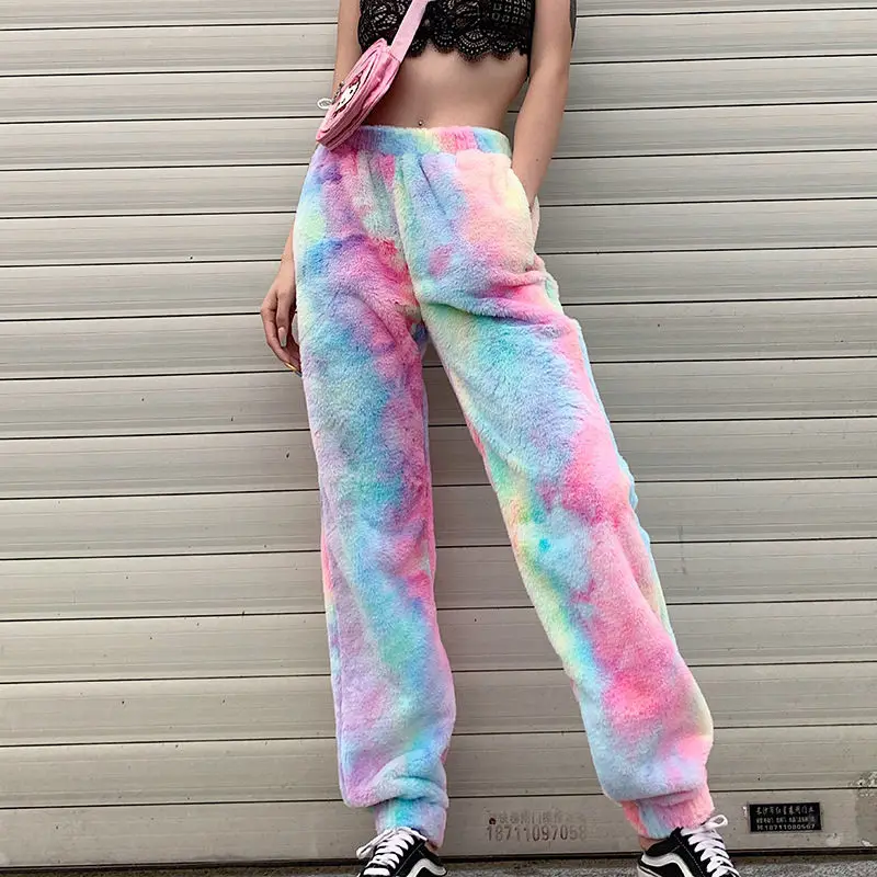 Women Winter Rainbow Pants Sherpa Fleece Trousers Harajuku Fashion Street Wear Winter Warm Teddy Fleece Pants Women Winter Rainbow Pants Sherpa Fleece Trousers Harajuku Fashion Street Wear Winter Warm Teddy Fleece Pants