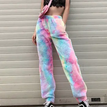 

Women Winter Rainbow Pants Sherpa Fleece Trousers Harajuku Fashion Street Wear Winter Warm Teddy Fleece Pants