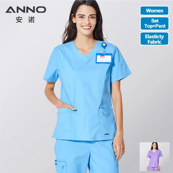 

ANNO Medical Scrubs Set Body Nurse Uniform For Women Clinical Clothing Shirt Pant Beauty Salon Wok Wear Nursing Gown 116/120 *