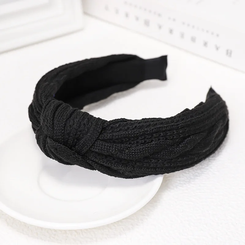 Богемная винтажная шерстяная лента для волос с бантом, широкая завязанная повязка на голову, аксессуары для волос - Цвет: Черный