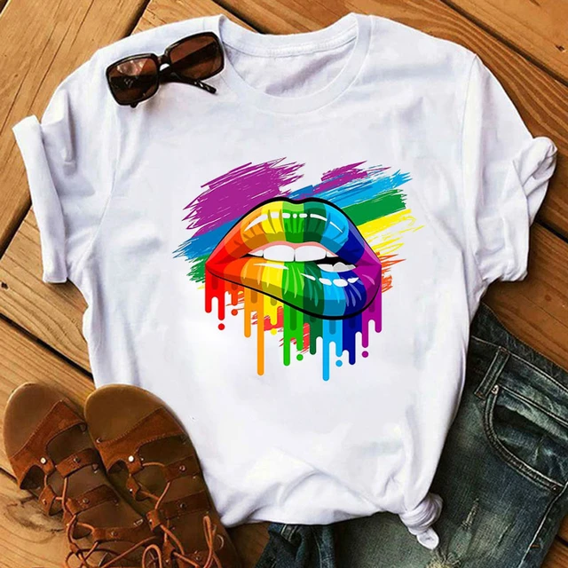 Women Tops O-neck Sexy Black Tees Kiss Lip Funny Summer Female Soft T Shirt Lips Watercolor Graphic T Shirt Top9180 3941-white