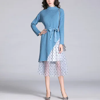 

Women Sweet Cute Korean Autumn 2-Piece Set O-Neck Long Sleeve Simple Knitted Tops+Elastic Waist Diamond Mesh Skirt Blue