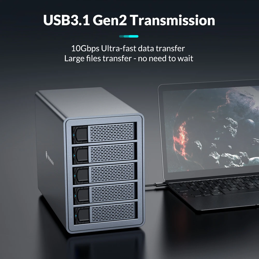 Yottamaster 5Bay HDD SSD 인클로저 지원, USB 3.1 (GEN2) C타입, 10Gbps 호환, 2.5/3.5 인치, 80TB (16TB) 용량