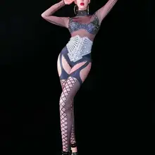 С длинным рукавом Кристаллы стрейч комбинезон сексуальный ночной клуб бар танцевальная одежда боди леггинсы праздновать наряд представление Одежда DJ