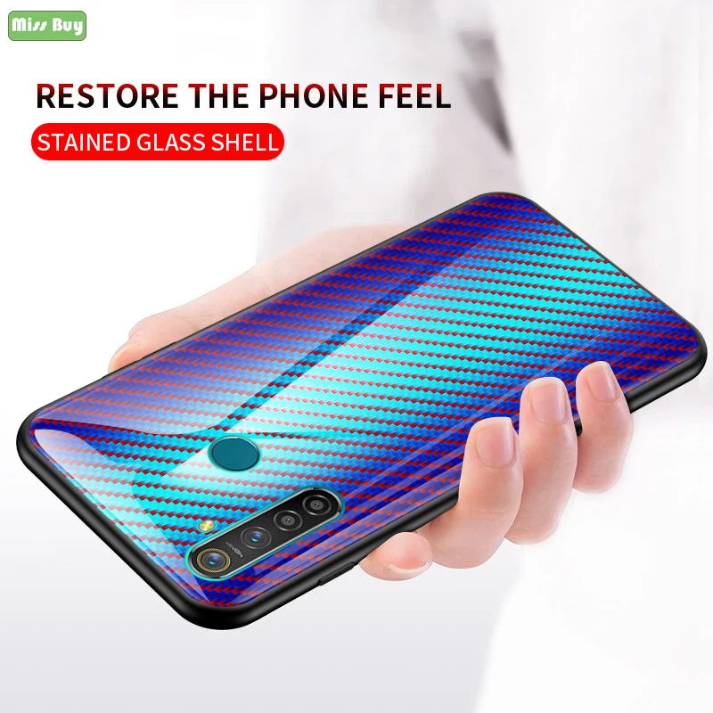 

For OPPO Realme 5 Pro Luxury Colorful Gradient Tempered Glass Back Cover For OPPO Reno 2 Soft Silicone TPU Edge Shell Case Cover