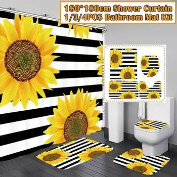 

4Pcs/Set Sunflower Waterproof Non-Slip Toilet Polyester Cover Mat Floor Mat Set Bathroom Shower Curtain Bath Mat Bathroom Suits
