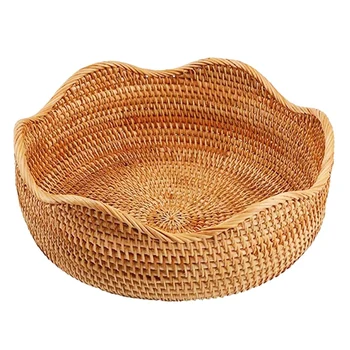 

Handmade Rattan Round Fruit Basket Food Storage Bowls Kitchen Organizer Snack Serving Bowl (Large 11 inch)