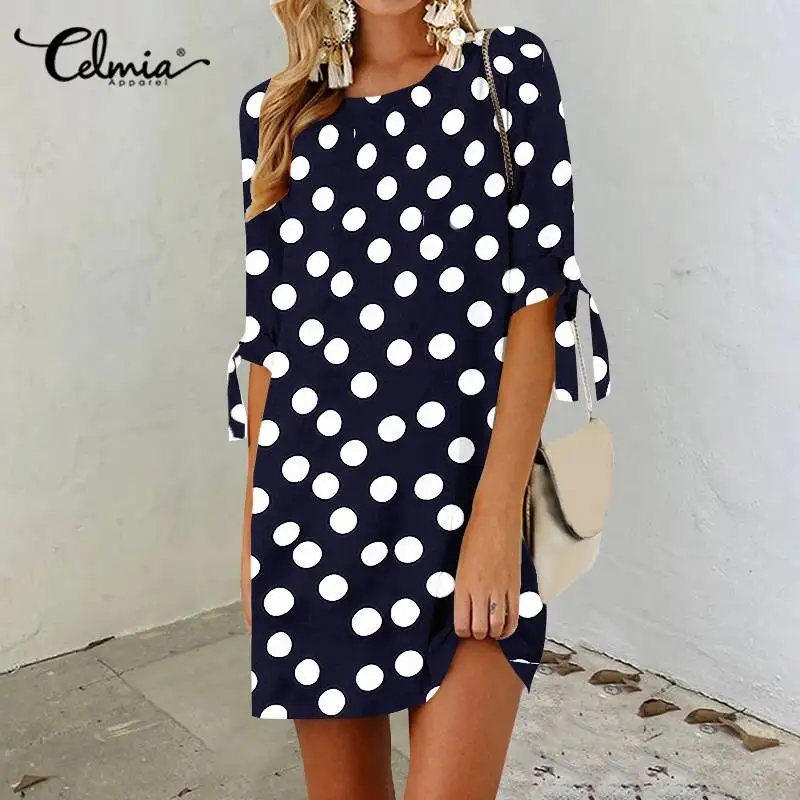 

Plus Size Sundress Celmia Women Bohemian Polka Dot Printed Short Dress Sexy Half Sleeve Casual Loose Party Beach Mini Vestidos