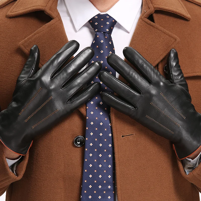 Зимние мужские перчатки из натуральной кожи новые брендовые перчатки с сенсорным экраном модные теплые черные перчатки из сафьяна