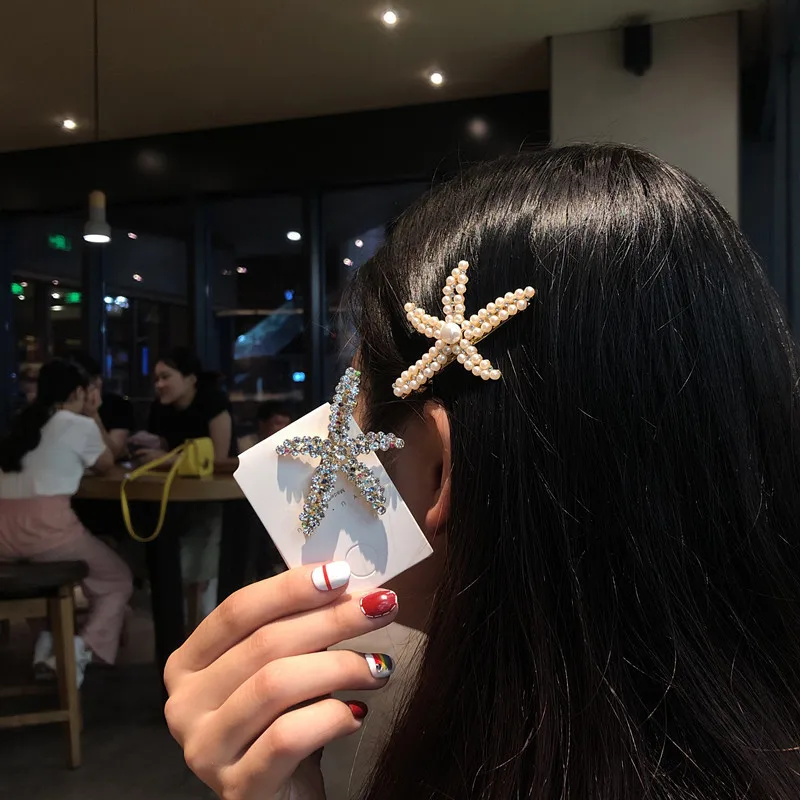 

HOT ins side Hair Clip Korean Fashion Starfish pearl Hairpin Word Clip Rhinestone Scissors Hair Pins