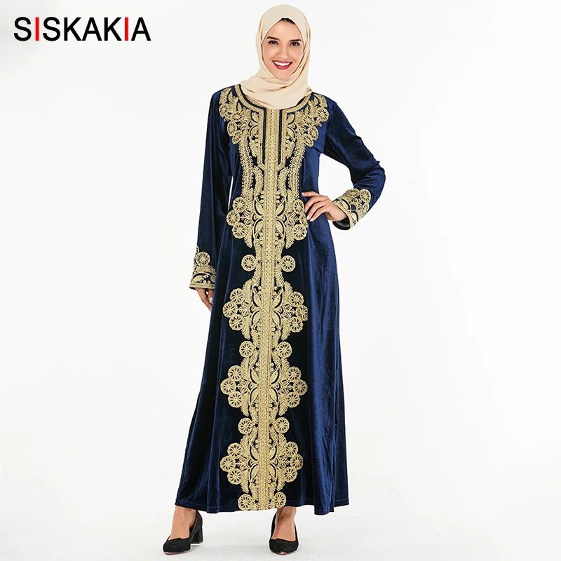 Navy blue abaya Siskakia мусульманское платье абайя роскошные бархатные винтажные вышитые Дубай халаты вечерние платья одежда для женщин - Цвет: Navy blue abaya