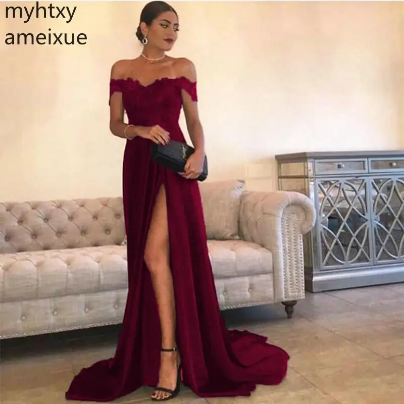 

Hot New Arrival Off The Shoulder Long Prom Dresses With Slit Appliques Formal Pageant 2019 Vestidos De Gala Dress Dress Elegant