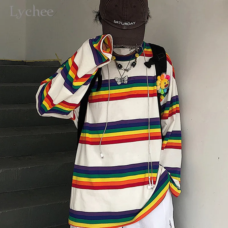 Lychee Harajuku женская футболка в радужную полоску с цветным блоком осенние свободные женские футболки Топы Футболки с вырезом лодочкой женская футболка футболки