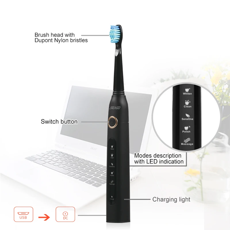 SEAGO Electric Toothbrush Rechargeable Buy One Get 1 Free Sonic Travel Toothbrush Head replacement Whitening Best Healthy Gift SEAGO Electric Toothbrush Rechargeable Buy One Get 1 Free Sonic Travel Toothbrush Head replacement Whitening Best Healthy Gift