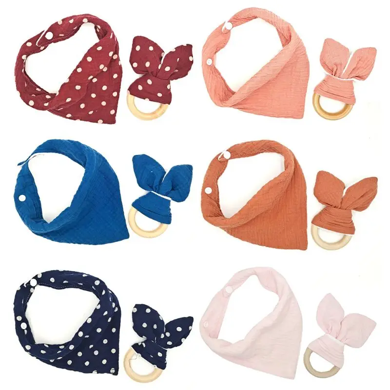 

2Pcs Baby Cotton Bib Wood Ring Pacifier Teether Set Snap Button Triangle Scarf Infant Feeding Saliva Towel Soother Molar Toys