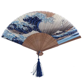 

HOT-Lace Bamboo Folding fan Dark blue and white wave pattern