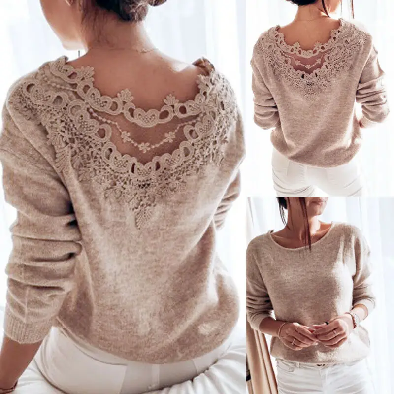 Suéter elegante con costura de encaje y espalda descubierta para mujer, ropa Sexy de otoño, jersey de manga larga, Top de punto con escote