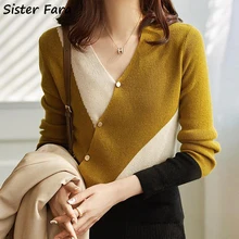 

Sister Fara New Spring Autumn Irregular V-neck Knit Sweater Women Spliced Oblique Button Sweaters Female Casual Pullover Sweater