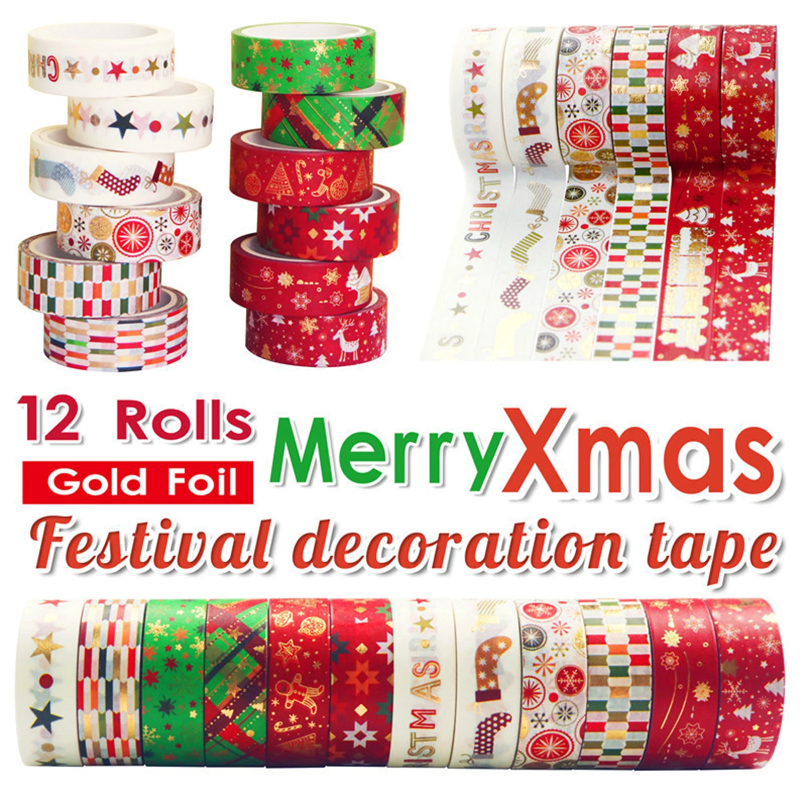 

12 Rolls 15mm Snow Deer Christmas Tree Washi Tape Book Decoration Scrapbook Stickers For Home Christmas Decoration