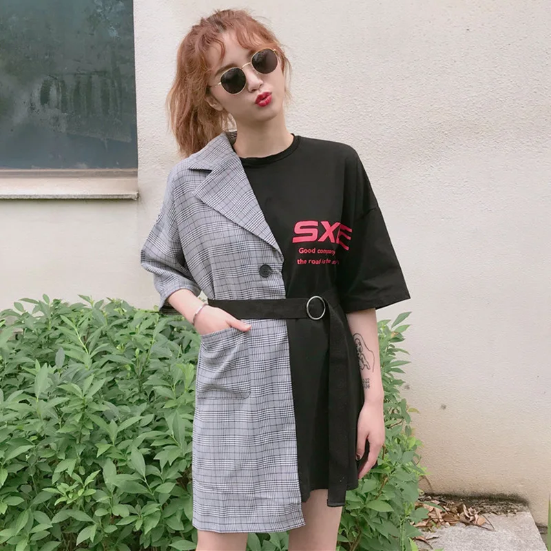 

5-18a New Style WOMEN'S Dress Loose-Fit Normcore Style Plaid Stitching Lace-up Mock Two-Piece Printed Lettered T-shirt Dress Fas