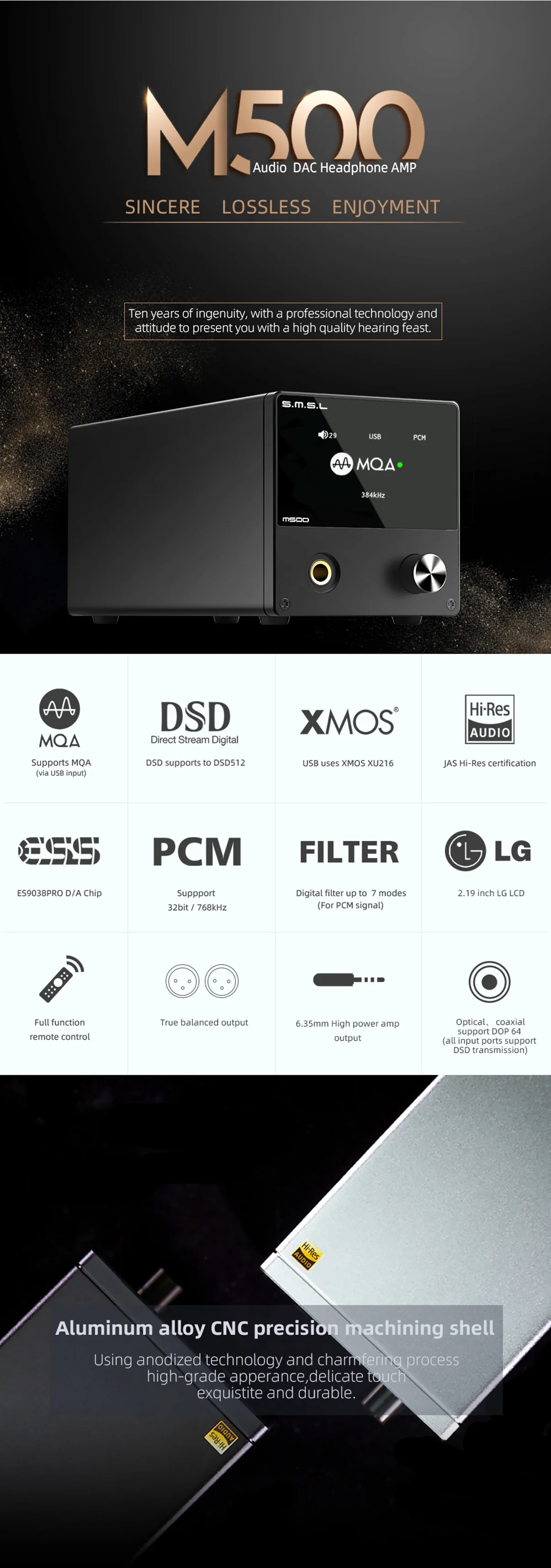 SMSL M500 ES9038PRO HI-RES Audio Supports MQA USB DAC XMOS XU216 DSD512 And Native DSD Big Power with Remote Control