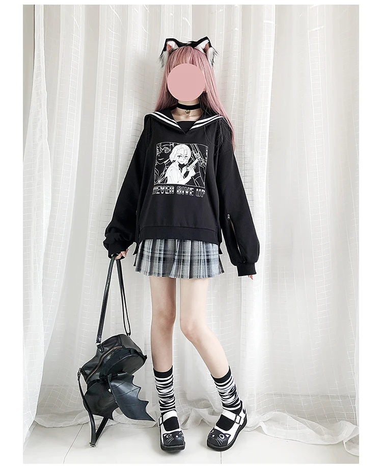 Harajuku Gothic Oversized Hoodie Women Sailor Collar Kawaii Anime