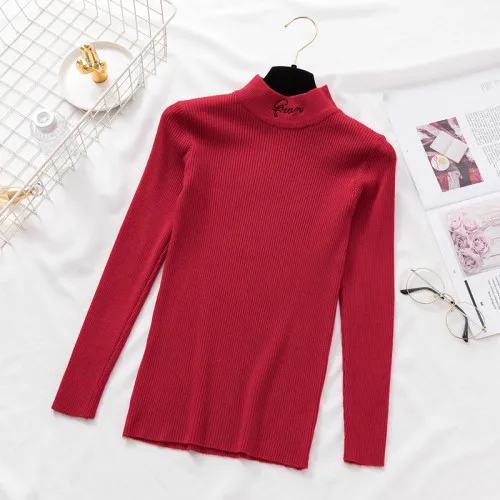 Водолазка с вышитыми буквами, женские свитера и пуловеры, Осень-зима, длинный рукав, Одноцветный, вязаный, тонкий, эластичный джемпер - Цвет: red