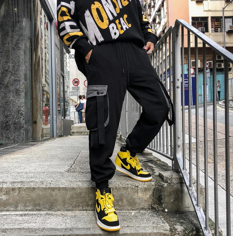 Хип-хоп карго шаровары Мужская модная уличная одежда бегунов Брюки с эластичной талией Harajuku мужские черные брюки WG425