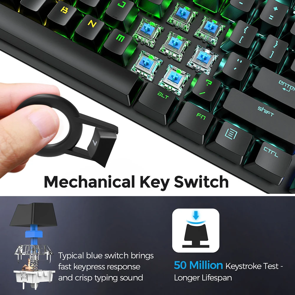 Игровая механическая клавиатура PICTEK PC248 с синим переключателем проводная