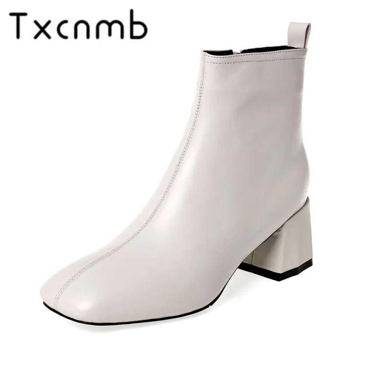 

TXCNMB New Basic Round Toe High Heels Women Ankle Boots Genuine Leather Party Shoes Woman Punk Night Club Boots Shoes