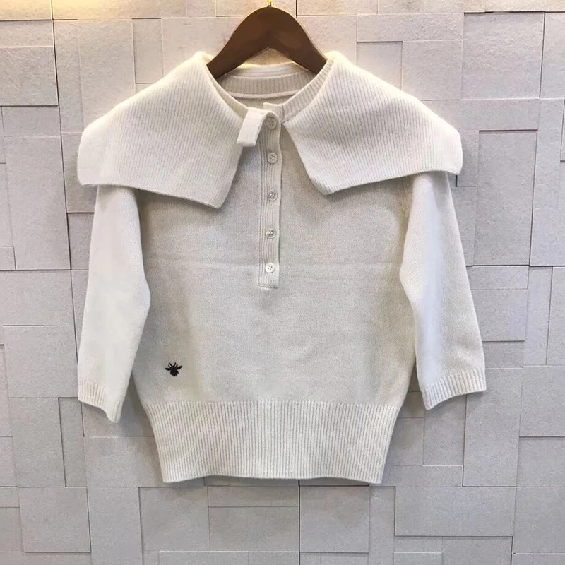 

Wool Sweater Fashion Vintage Lapel Collar Sleeve Elegant 2019 Fall Winter New Knit Short Sweater Top