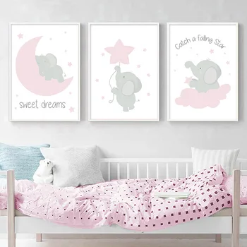 

Pink Elephant Star Canvas Painting Baby Girl Nursery Cartoon Animals Wall Art Picture Nordic Poster Children Bedroom Decoration