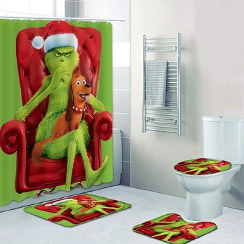 

The Grinch Stole Christmas Waterproof Shower Curtain Carpet Cover Toilet Cover Bath Mat Pad 4 Piece Set 3D Print Bathroom Decor