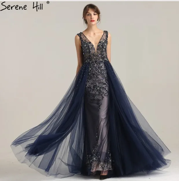 Сексуальные длинные вечерние платья с глубоким v-образным вырезом и открытой спиной, дизайн, платье без рукавов с кристаллами и бисером, вечерние платья BLA6185 - Цвет: Navy Blue