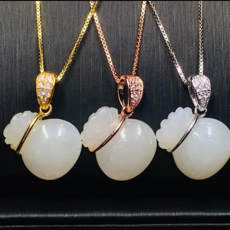

Natural Hetian Jade Carved Purse Pendant Women's S925 Silver Gold & Rose Gold & Silver Chain For Women Jewelry Xmas Gift 3PCS