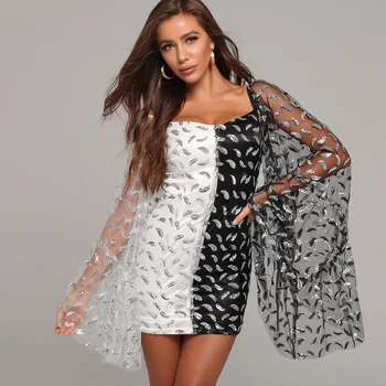 

2020 Summer Women'S Sexy Patchwork Long Sleeve Sequin Mesh Mini Dress Bodycon Club Celebrity Party Dress Vestidos