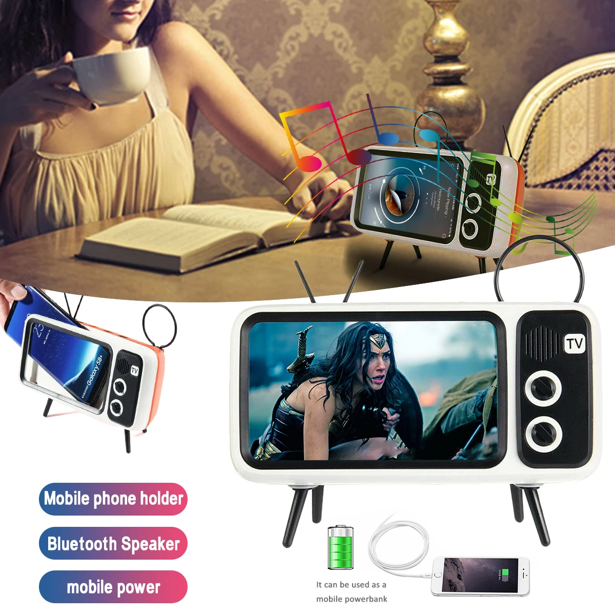 

Portable 3 In 1 Wireless Bluetooth Speaker with Power Bank Function Phone Bracket BT Speaker Audio Retro TV Shaped Travel Gifts