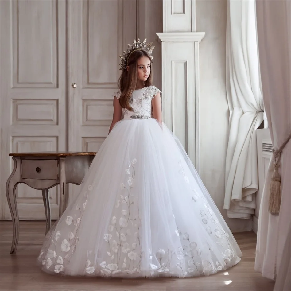 - White Lace Flower Girl Dresses For Wedding Jewel Neck 3D Floral Appliqued Toddler Pageant Gowns Tulle First Communion Dress