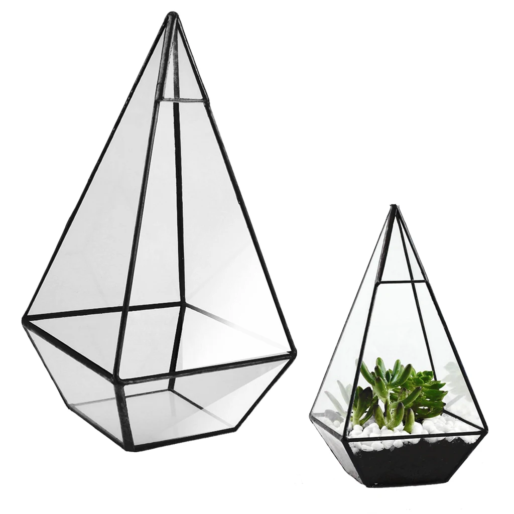 Pyramid Clear Glass Geometric Terrarium Box Succulent Planter Home Garden Art Holder Black 12 x 12 x 24cm