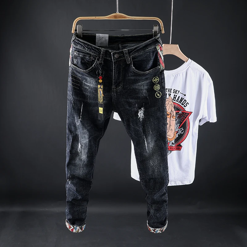 

Autumn Newly Fashion Men Jeans Retro Elastic Slim Fit Denim Pencil Pants Streetwear Embroidery Spliced Designer Hip Hop Trousers